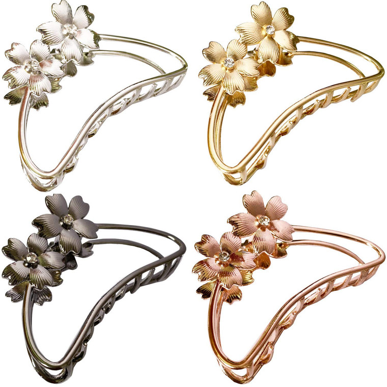TANG SONG 4PCS Double Flowers Shaped Metal Hair Claw Clips Hair Catch Barrette Jaw Clamp for Women Half Bun Hairpins for Thick Hair (Silver+Gold+Rose