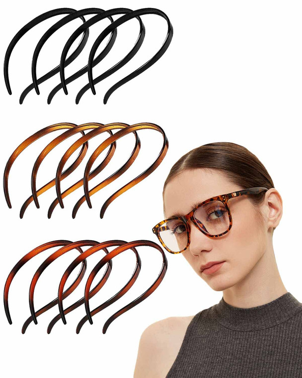 BIKCZEWIN 12 Pieces Plastic Headbands for Women Girls with Glasses No Headache Headband No Slip Teeth Comb Skinny Hair Accessories (Black, Light Brow