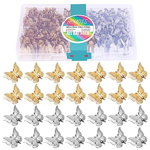 Hoyols Silver Gold Butterfly Hair Clips, 48 pcs 90s Hair Accessories for Girls Women, Small Mini Hair Stuff Thing Clips Pins for Braids Rave Festival