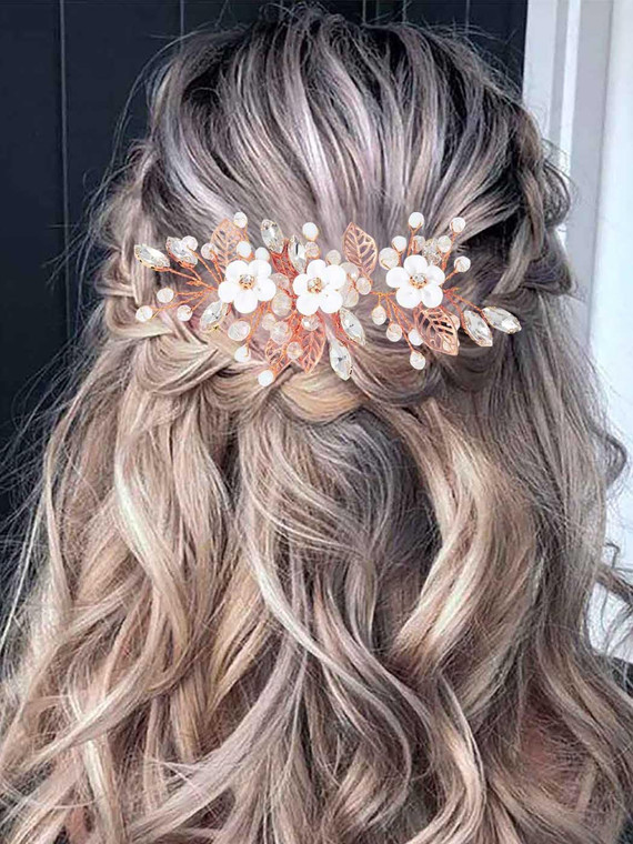 Unicra Silver Flower Bride Wedding Hair Vine Leaf Bridal Hair Piece Rhinestone Hair Accessories Beaded Headpieces Jewelry for Women and Girls (Rose G