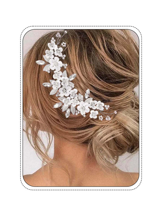 Unicra Silver Flower Bride Wedding Hair Vine Pearl Bridal Hair Piece Rhinestone Hair Accessories Leaf Headband for Women and Girls