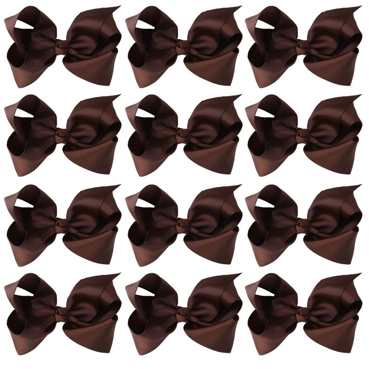 4 Inch Boutique Girls Hair Bows Hair Clips for Girls Toddlers 12 Pcs Solid Color (Brown)