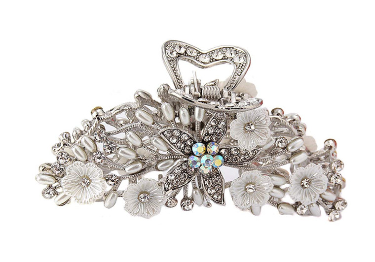Vintage Metal Rhinestone Fancy Hair Claw Large Size Imitation Pearl Hair Jaw Clips Hair Clasps Accessories for Women Lady (Silver-B#)