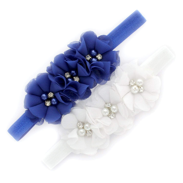 My Lello Girls Flower Headbands Toddler Fabric Beaded Trio Stretchy Elastic Pair (Royal/White)