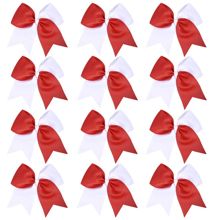 DEEKA 12PCS 8" Two Toned Large Cheer Hair Bows Ponytail Holder Handmade for Teen Girls Softball Cheerleader Sports-Red/White