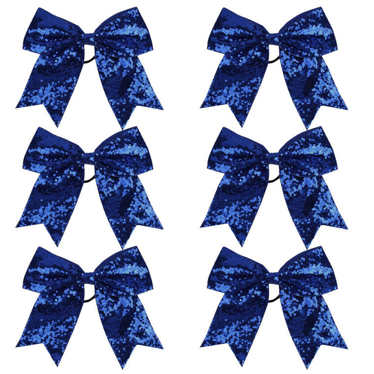 Metallic Sequin and Holographic 8 Inch Cheer Bow Cheerleader Cheerleading Jumbo Cheer Bow Hair Tie(Blue Sequin)