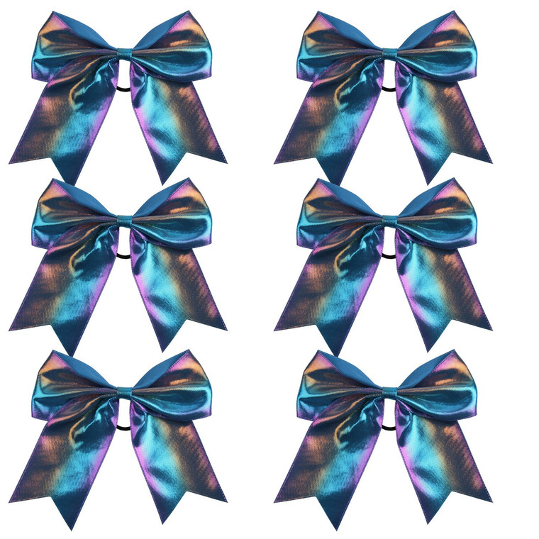 Metallic Sequin and Holographic 8 Inch Cheer Bow Cheerleader Cheerleading Jumbo Cheer Bow Hair Tie(Blue Holographic)