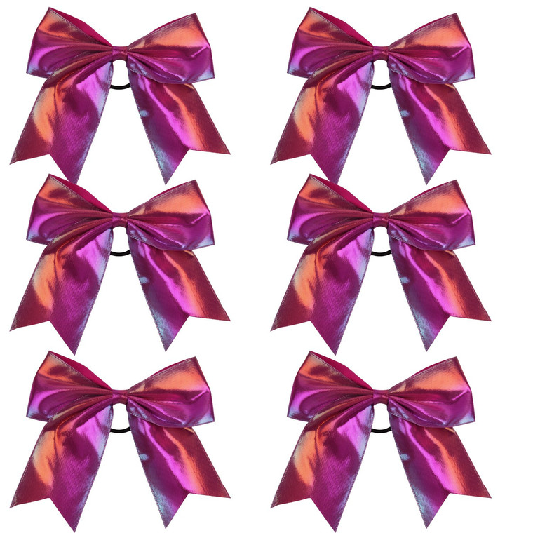 Metallic Sequin and Holographic 8 Inch Cheer Bow Cheerleader Cheerleading Jumbo Cheer Bow Hair Tie (Hot Pink Holographic)