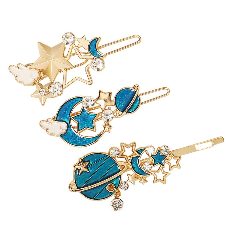 SOLUSTRE 3Pcs Gold Rhinestone Moon Star Hair Clips Vintage Hollow Hair Pin Metal Crystal Hair Clips Hairpins Snap Barrettes Comb Claw Clamp for Weddi