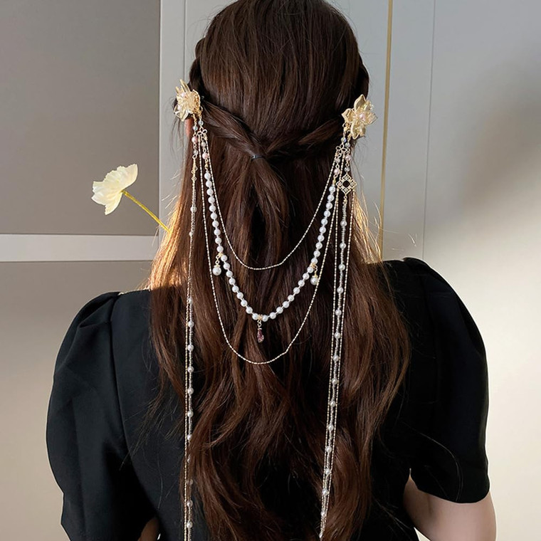Jumwrit Long Pearl Beaded Tassel Hair Clips Vintage Gold Flower Leaves Hair Barrette Floral Rhinestone Water Drop Layered Chain Hairpins Chinese Trad
