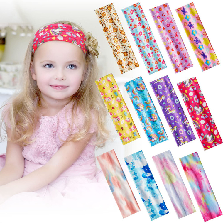 Juexica 12 Pieces Wide Headbands for Girls Cute Elastic Butterfly Unicorn Tie Dye Floral Hair Bands No Slip Soft Heart Stretch Headbands Princess Hai