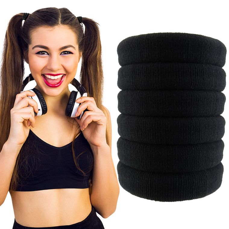 Styla Hair Ties for Thick Hair - Pack of 6 Black Seamless Hair Elastics Scrunchies for Heavy, Curly Hair Accessories Ponytail Holders