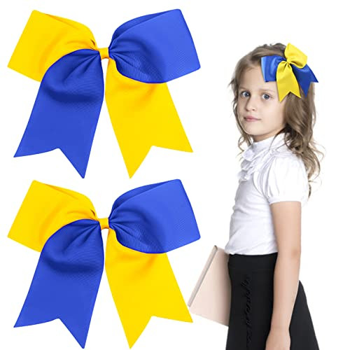 2PCS 8" Jumbo Cheer Bow Clip with Tails, Oaoleer Large Cheerleading Hair Bows for Girls Teen Softball Cheerleader Outfit Uniform (Yellow/Blue)