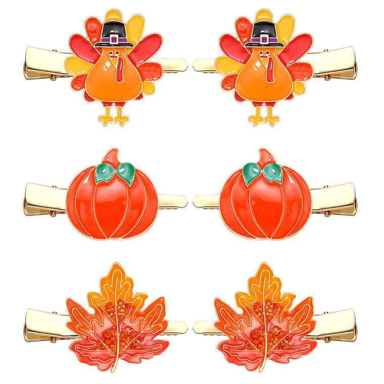 HZEYN 6 Pack Thanksgiving Hair Clip Fall Pumpkin Maple Leaf Turkey Hair Clips for Women Autumn Fall Hair Barrette Accessory Holiday Gifts