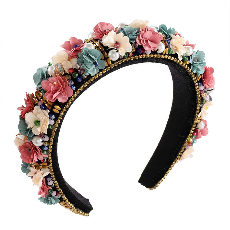 CENAPOG Baroque Crystal Rhinestone Headbands Flower Padded Hairbands for Women Girls Pearl Colorful Bead Embellished Headbands Bejewelled Wide Velvet