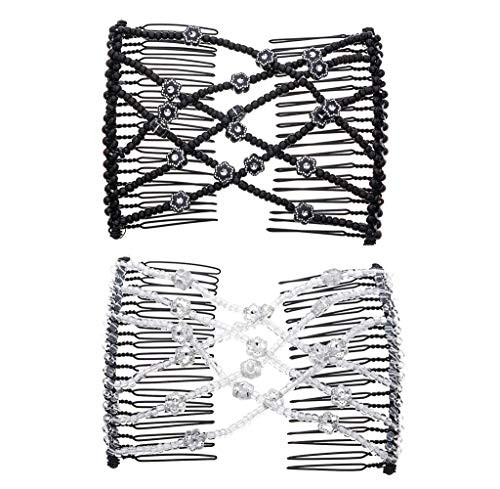 LOVEF 2Pcs Magic Hair Comb Clip for Women Girls Beaded Flower Barrette Hairpin Elastic Double Hair Combs Clips Hair Accessories