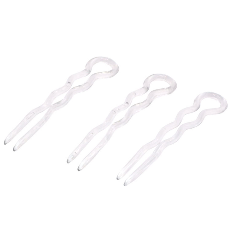 Parcelona French Slick Small Clear Wavy 3" Chignon U Shaped Set of 3 Celluloid French Stick Hair Pin Fork Girls Spiral Updo Bun Holder Flexible Durab