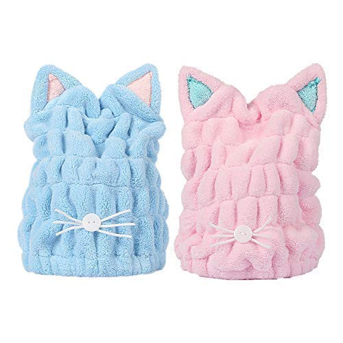 OrangeTag 2Pcs Ultra Absorbent Hair Quick Drying Towel Microfiber Hair Dry Wrap Turban Cute Kitty Ears Cap Bath Tool Hat for Women Girls