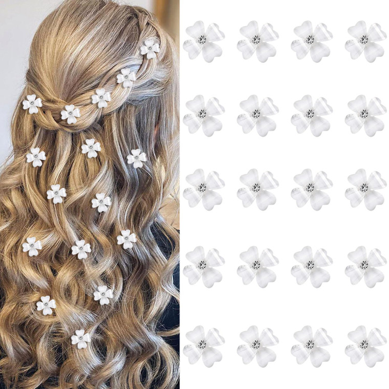 YISSION 20Pcs Mini White Flower Hair Clips with Rhinestone Cute Hair Pins Decorative Hair Clips Wedding Hair Barrettes Bridal Hair Accessories for Gi
