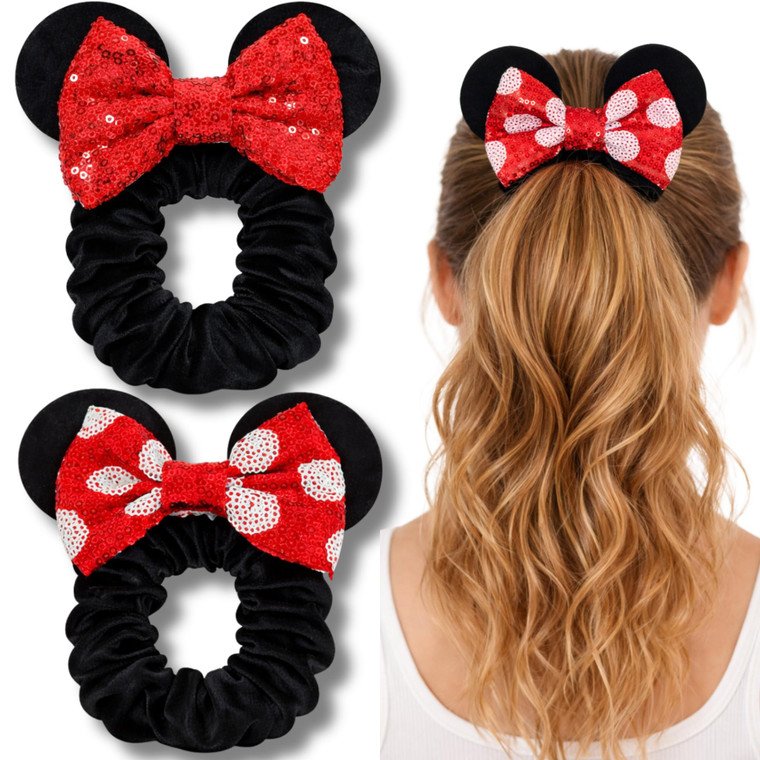 Styla Hair 2pk Mouse Ear Scrunchies for Kids Velvet Hair Bow Scrunchies for Women - Sparkle Sequins Mouse Hair Bands for Pony Tail (Red Black)