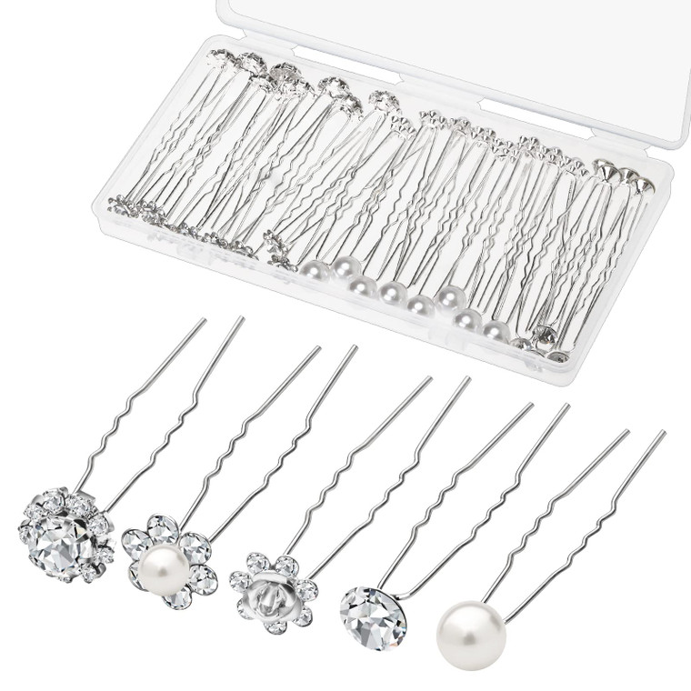 40 Pack Wedding Pearl Hair Pins for Bridal, Silver Pearl Rhinestone Hair Pins Wedding Hair Decorations Accessories for Brides Bridesmaids Women Girls