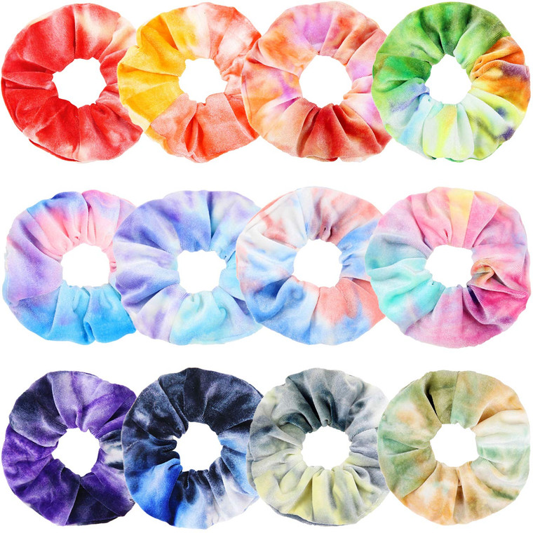 IVARYSS Scrunchies for Girls, 12 Pcs Tie Dye Velvet Scrunchies for Hair, Soft Rainbow Ponytail Holder, Cute Candy Colors Elastic Hair Bands for Teens