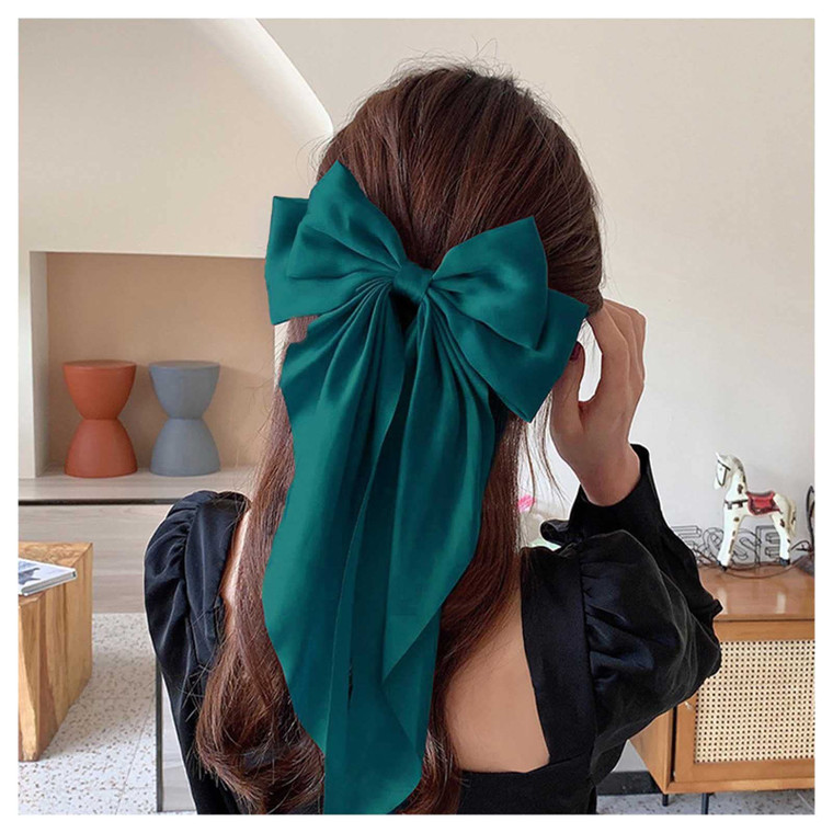 Andelaisi Vintage Silk Bow Hair Clips Green Bowknot Hair Barrettes Long Tail Silk Bow Hair Clip Barrette Large Bow Hair Accessories French Bowknot Cl