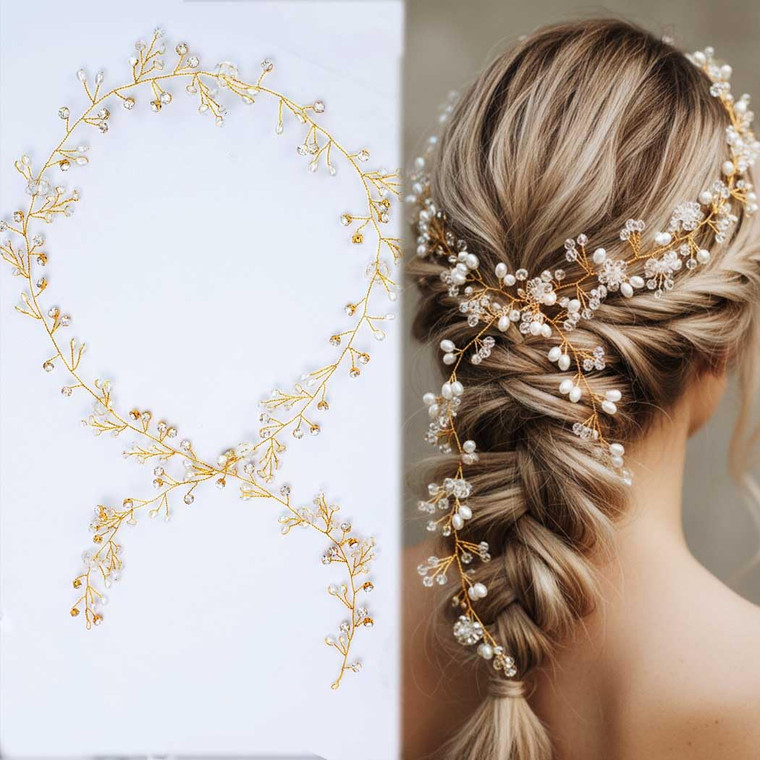 Yean Wedding Hair Vine Long Bridal Headband Hair Accessories for Bride and Bridesmaid (100cm / 39.3inches) (Gold)