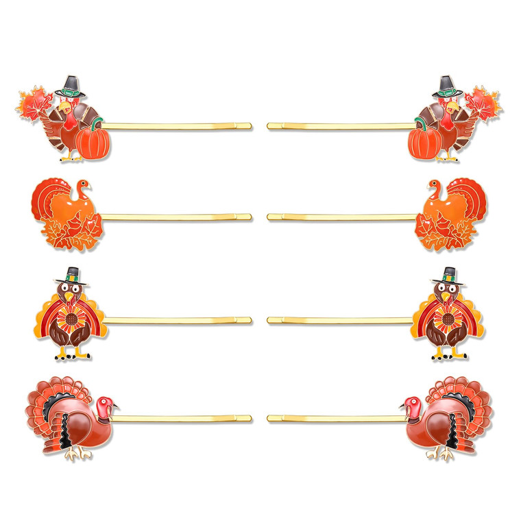 Boderier 8 Pack Thanksgiving Hair Clips for Women Fall Maple Leaf Turkey Hair Bobby Pins Thanksgiving Holiday Party Costume Hair Accessory Gifts (Tur