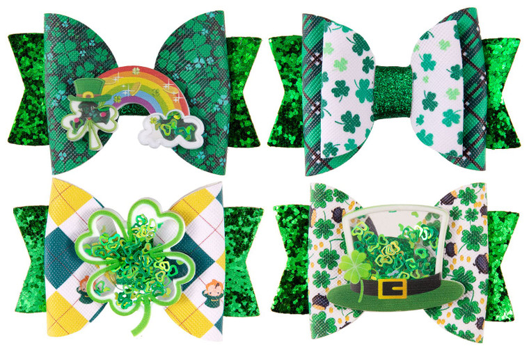 Whaline St. Patrick's Day Bow Clips Glitter Green Shamrock Clover Hair Pins Quicksand Bow Hair Barrettes Alligator Clip Hair Accessories for Girls Wo