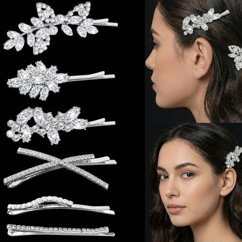 REDANHA 6 Pieces Delicate Bridal Hair Clips, Rhinestone Leaf Wedding Hair Pins, Crystal Bobby Pins, Silver Elegant Hairpins Jewelry Accessories Barre