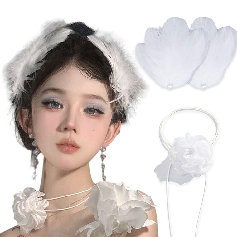 3 Pack Feather Hair Clips White Flower Choker for Women Girls, White Swan Feather Fly-Wing Shape Hair Barrette Hair Pins Accessories for Cosplay Cost