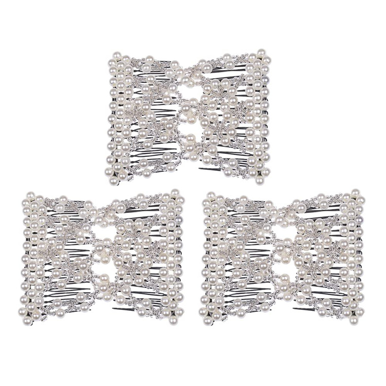 LOVEF3 Pcs Fashion Exquisite Beaded Easy Stretchable Combs Flower Pearl Double Hair Combs Magic Crystal Double Clips Insert Combs for Lady Women Girl