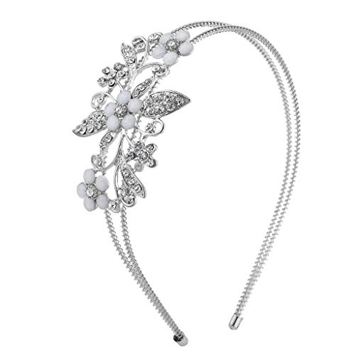LUX ACCESSORIES Silver Tone Crystal Rhinestone White Flower Floral Coil Headband