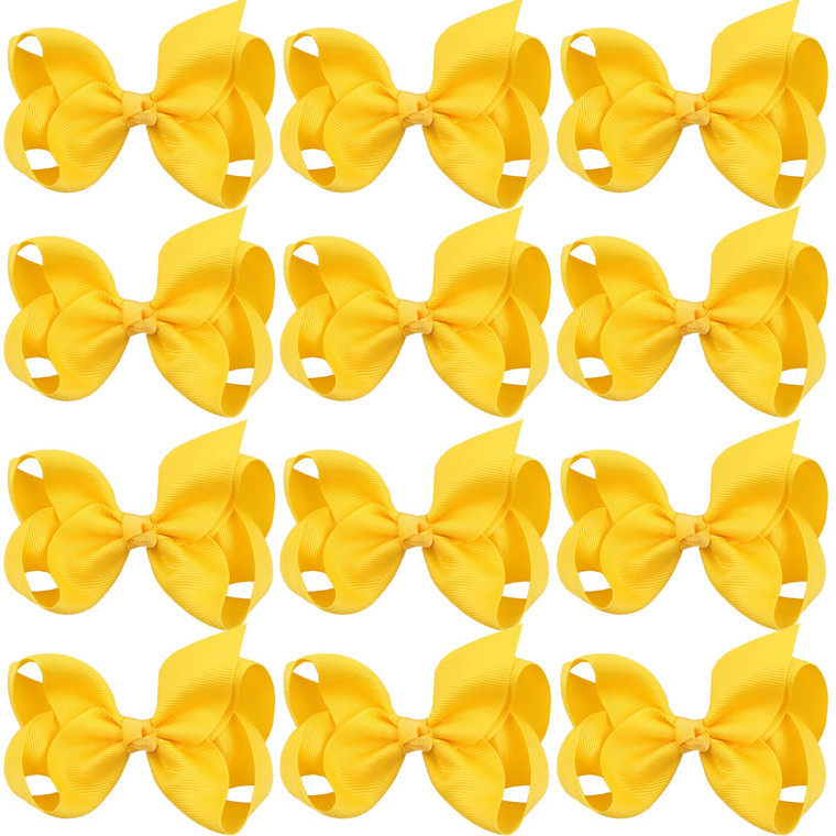 4 Inch Boutique Girls Hair Bows Hair Clips for Girls Toddlers 12 Pcs Solid Color (Yellow)