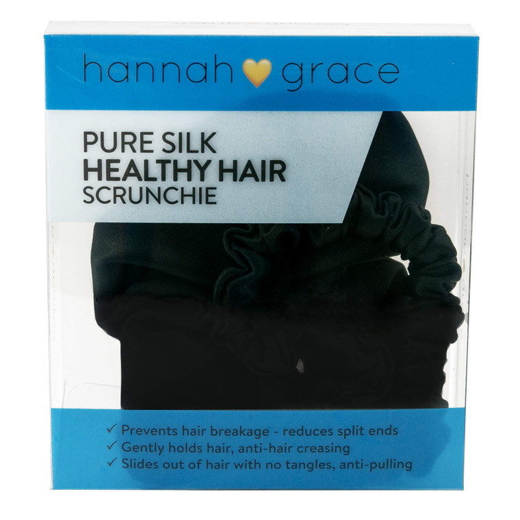Hannah Grace pure 100 percent silk elastic hair tie band scrunchies 2 pcs pack 1 large 1 small girls women hair ties scrunchie Black