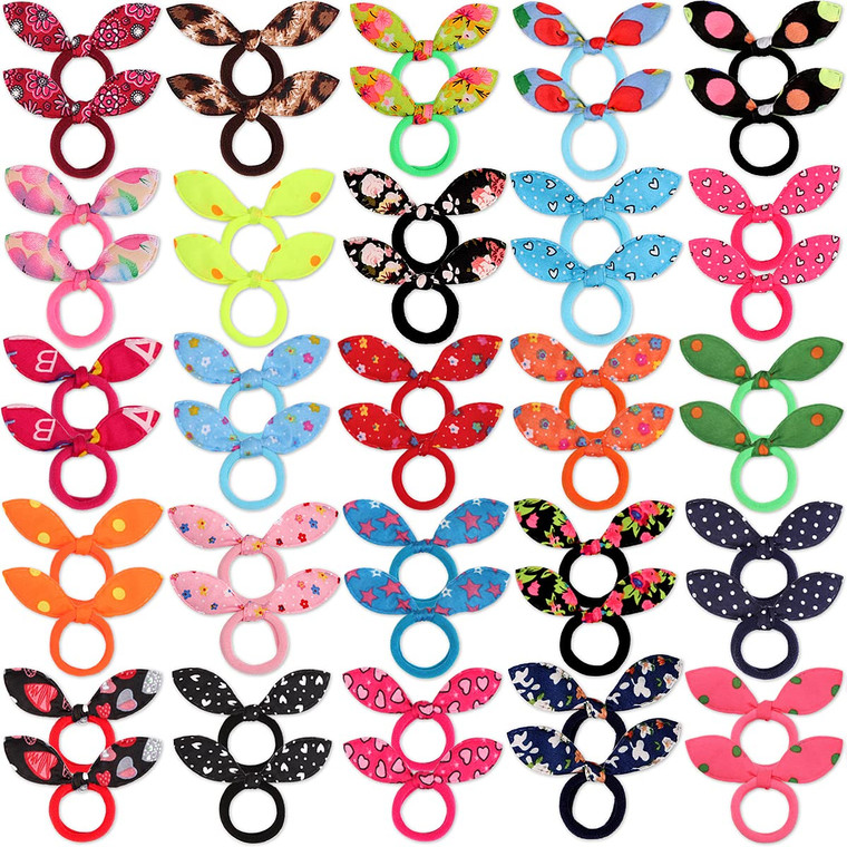 YASUNMI 50pcs Children Hair Ties+200pcs Rubber Bands, Cute Toddler Rabbit Ear Hair Ties, Seamless No Crease Elastic Cotton Bows Ponytail Holders Hair