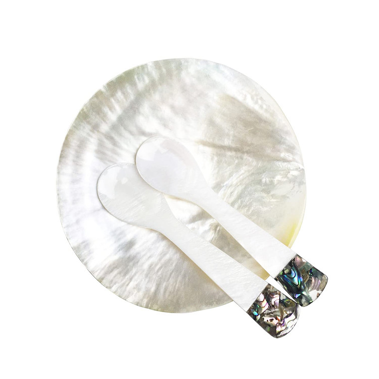 DUEBEL MOP Caviar Server Set, Plate Plus Set of 2 Mother of Pearl Caviar Spoons with Green Abalone 3.5 Decoration for Caviar, Appetizer, Dessert, Eg
