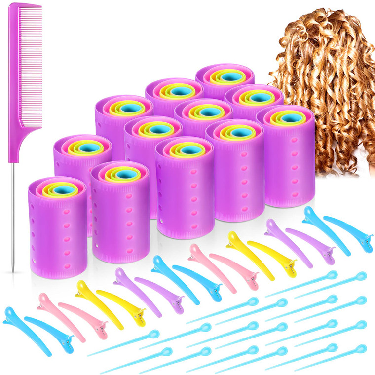 Chuangdi 141 Pcs Hair Rollers Set, Include 60 Pcs Mixed Sizes Plastic Hair Rollers with 60 Pins, 20 Duck Teeth Clips and Rat Tail Comb, Hairdressing