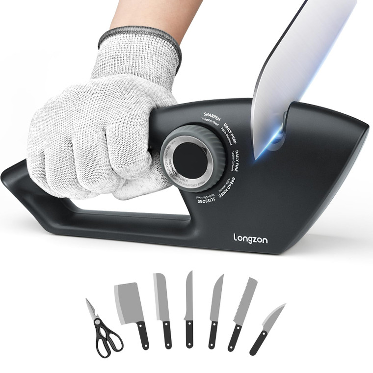 Longzon 5-in-1 Knife Sharpener 5 Stage for Serrated Knives, Scissors with Cut-Resistant Glove,Original Premium Polish Blades,Best Kitchen Knife Sharp