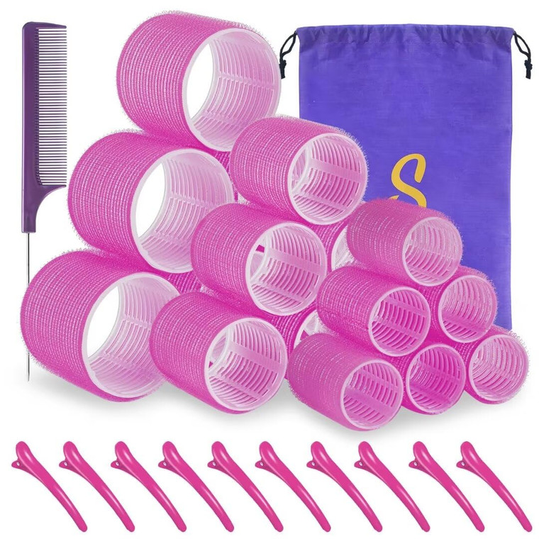 Self grip hair roller set,18 pcs,Hair rollers with hair roller clips and comb,Salon hairdressing curlers,DIY Hair Styles, Sungenol 3 Sizes Rose red H