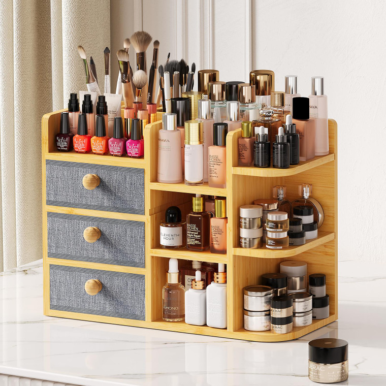 Large Makeup Organizer For Vanity, Large Capacity 3 Tiers Bamboo Bathroom Counter Organizers and Storage, Countertop Makeup Brush Holder, Nail Polish
