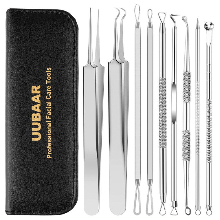UUBAAR Blackhead Remover Tools, 9PCS Pimple Popper Tool Kit - Stainless Steel Pimple/Comedone Extractor & Tweezers for Acne/Zit Removal, Nose & Face