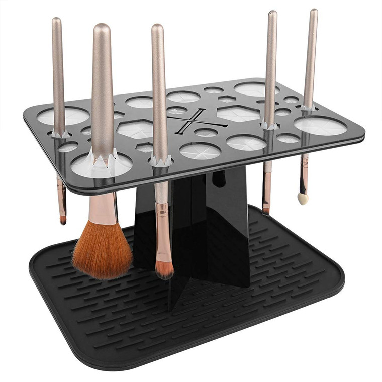 ReignSword 28 Hole Makeup Brush Drying Rack with Mat, Collapsible Makeup Brush Holder with Silicone Mat, Brush Dryer Stand, Make Up Organizer for Van