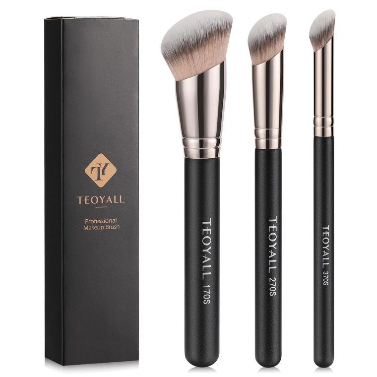 TEOYALL Foundation Contour Conceal Brush Set, 3PCS Angled Synthetic Kabuki Brush for Blending Setting Buffing with Liquid, Cream and Powder Cosmetic
