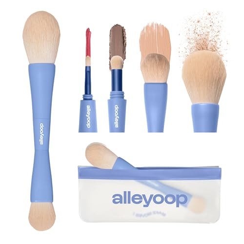 Alleyoop Multi-Tasker 4-in-1 Travel Makeup Brush Set  Compact Makeup Brushes with Blending Sponge, Eyeshadow, Eyebrow & Liner, Blush & Bronzer Brush