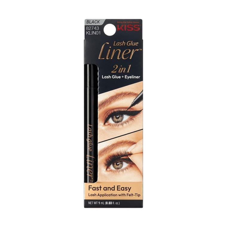 KISS Lash GLUEliner, 2-in-1 Felt-Tip Eyelash Adhesive and Eyeliner, Matte Finish, Foolproof Application, Easy Touch-Up, 0.03 Fl Oz.- Black, Packaging