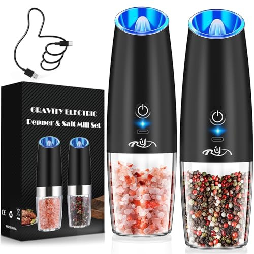 XinXu Gravity Electric Pepper and Salt Grinder Set, Salt/Pepper Mill & Adjustable Coarseness, Battery Powered with LED Light, One Hand Automatic Oper