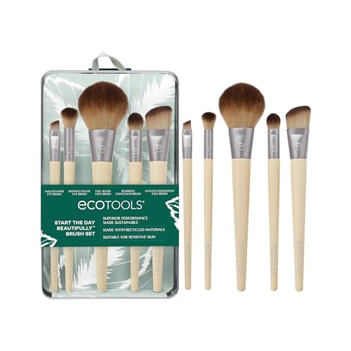 EcoTools Makeup Brush Set for Eyeshadow, Foundation, Blush, and Concealer with Bonus Storage Case, Start the Day Beautifully, Travel Friendly, 6 Piec