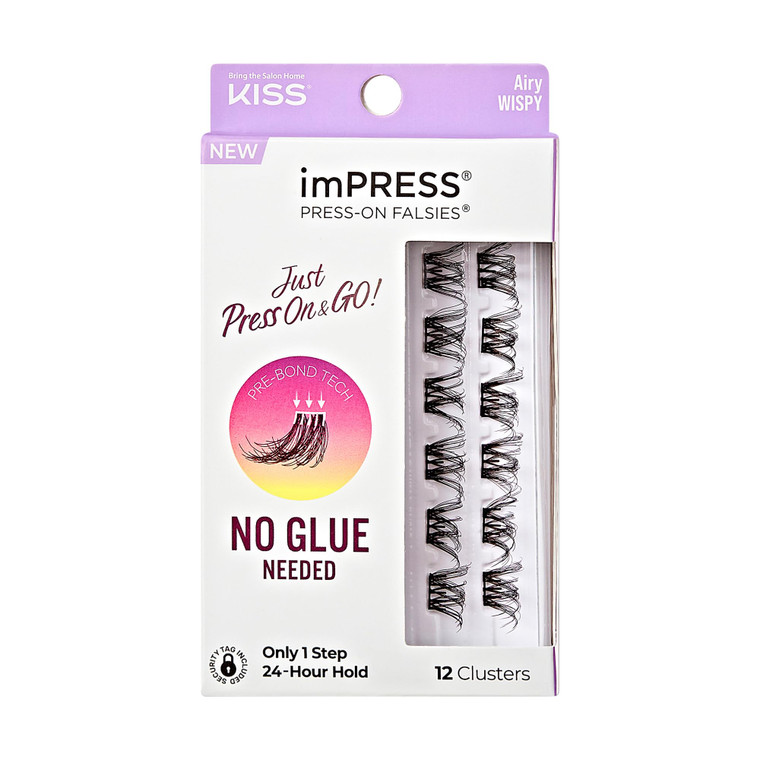 KISS imPRESS Falsies Press On Self Adhesive Eyelashes, 12mm-14mm Natural Volume Press On Lashes, Black, No Glue Needed, Invisible Band, 12 Lash Clust